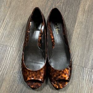 Cole Haan Tortoiseshell Patent Peep-Toe Wedges - Brown/Black